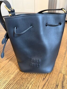 Miu Miu Black Leather Drawstring Bucket Messenger Bag